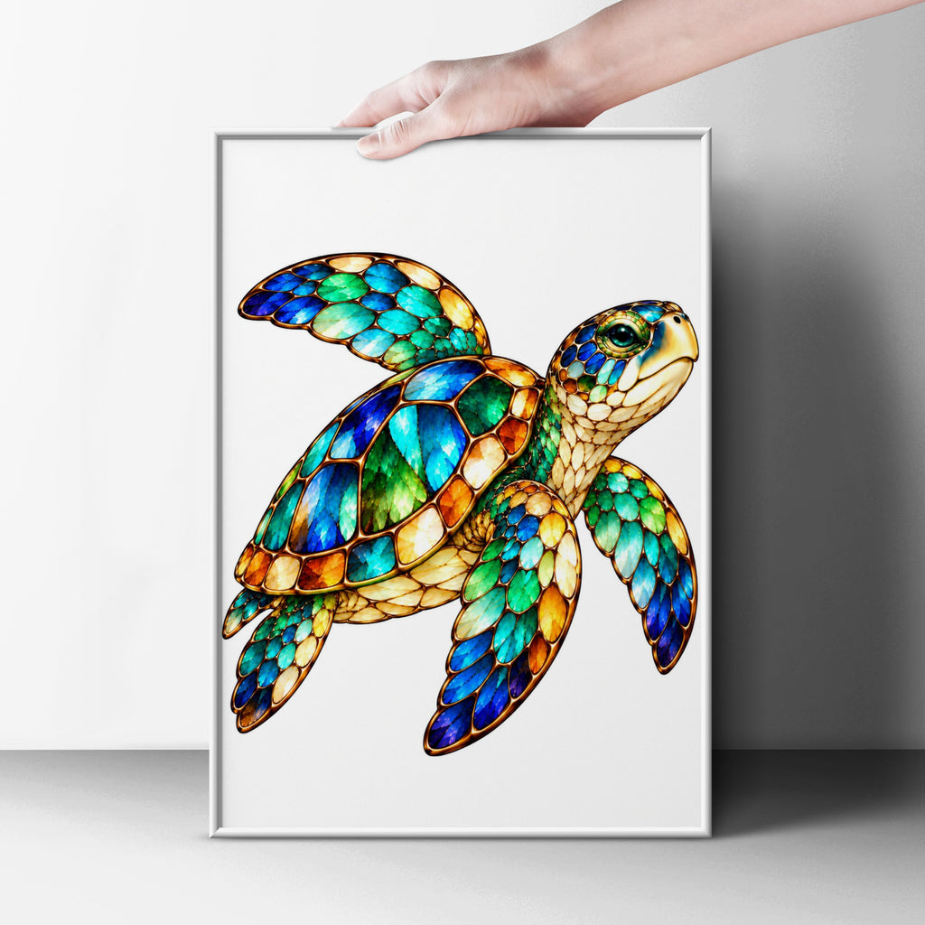 Stained Glass Sea Turtle Poster, Colourful Ocean Animal Wall Art, Teal Blue Green Gold Turtle Print, Coastal Nautical Home Decor Gift