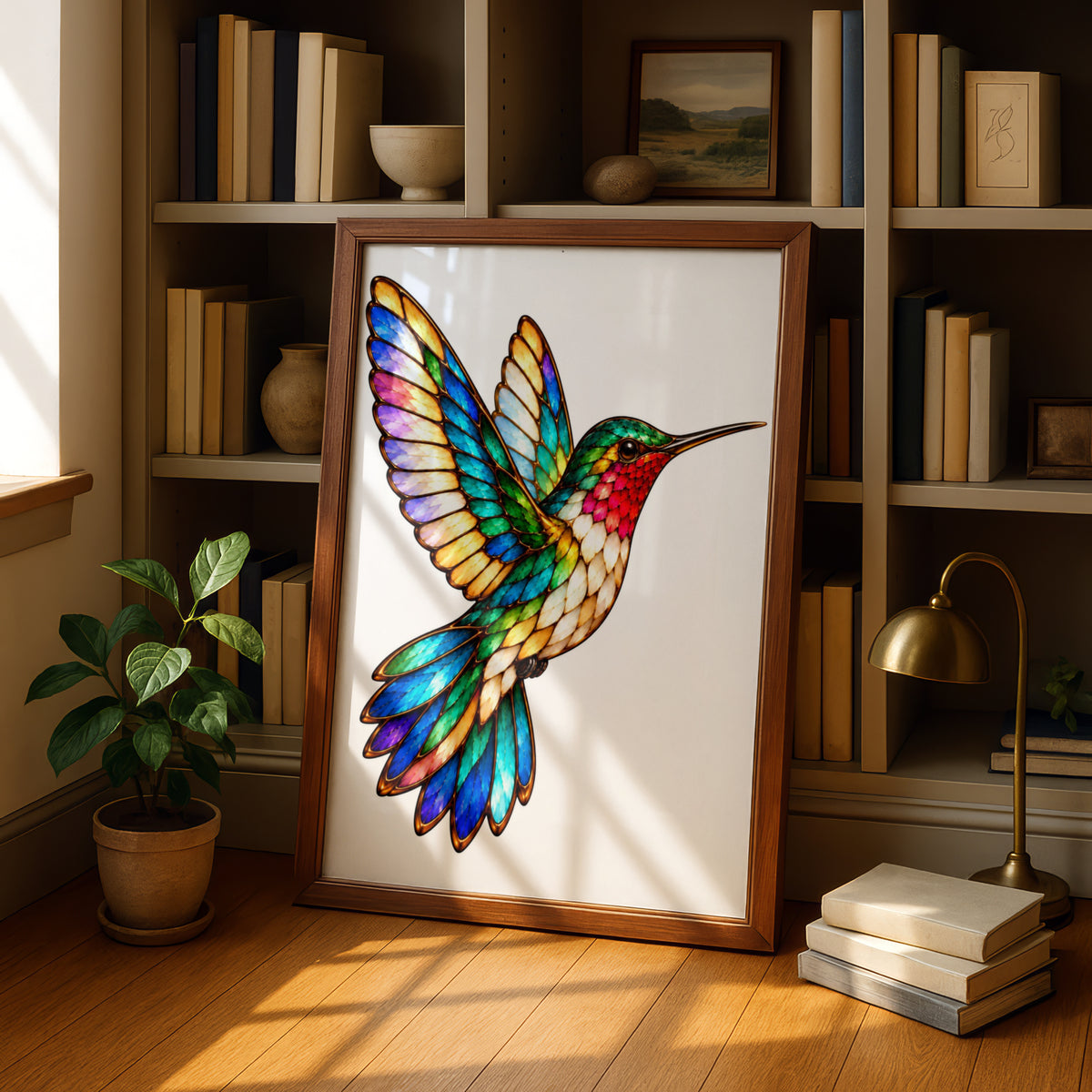Stained Glass Hummingbird Poster, Colourful Bird Wall Art, Rainbow Feather Print, Nature Lover Gift, Living Room Bedroom Decor Poster