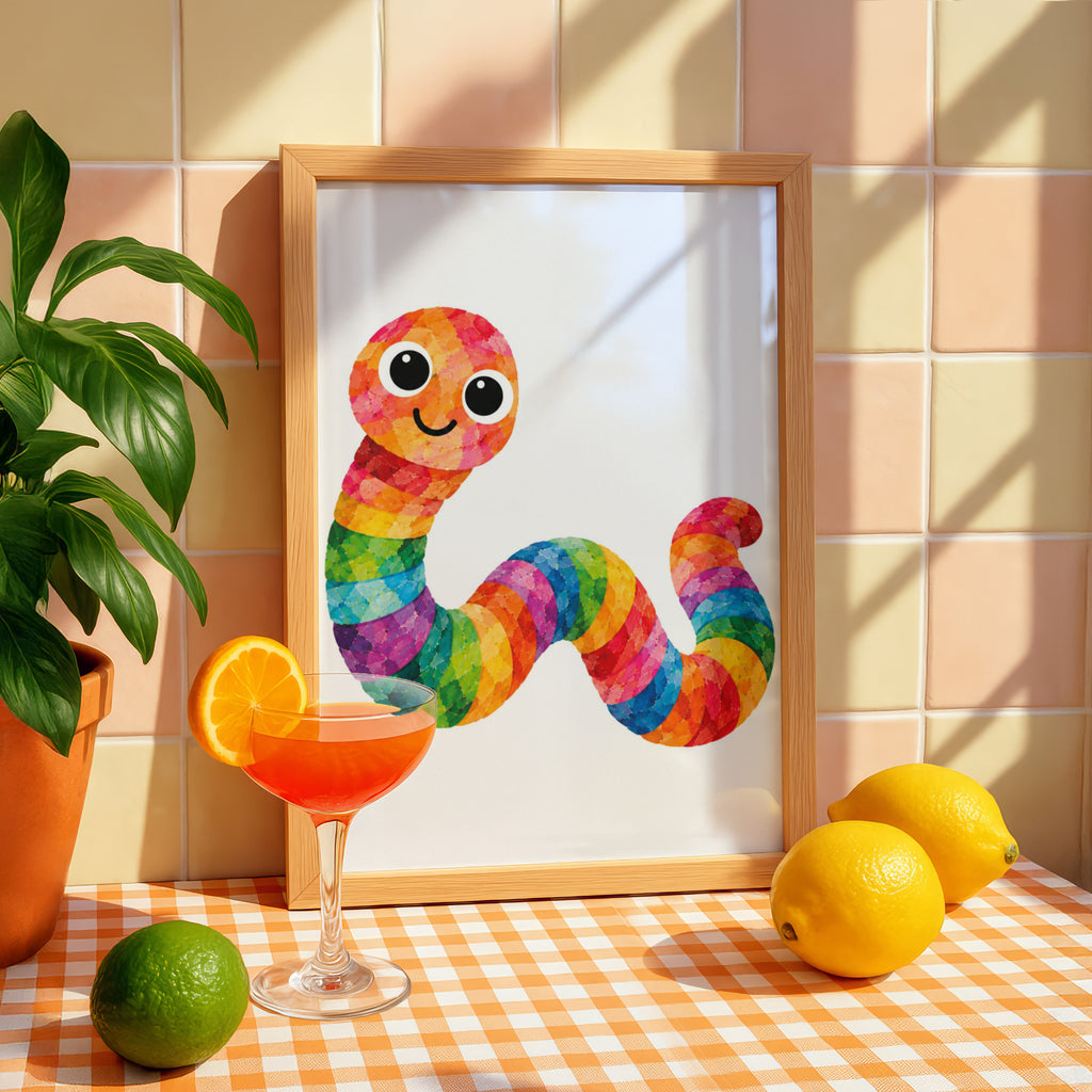 Rainbow Worm Poster, Colourful Cute Worm Wall Art, Kids Bedroom Print, Bright Nursery Decor, Fun Children's Animal Poster, Playroom Art