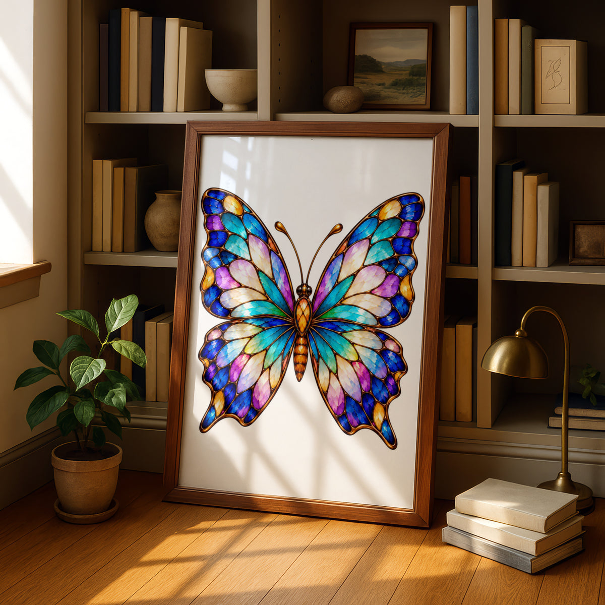 Stained Glass Butterfly Poster, Colourful Butterfly Wall Art, Blue Purple Gold Wings Print, Boho Bedroom Decor, Nature Lover Gift Poster