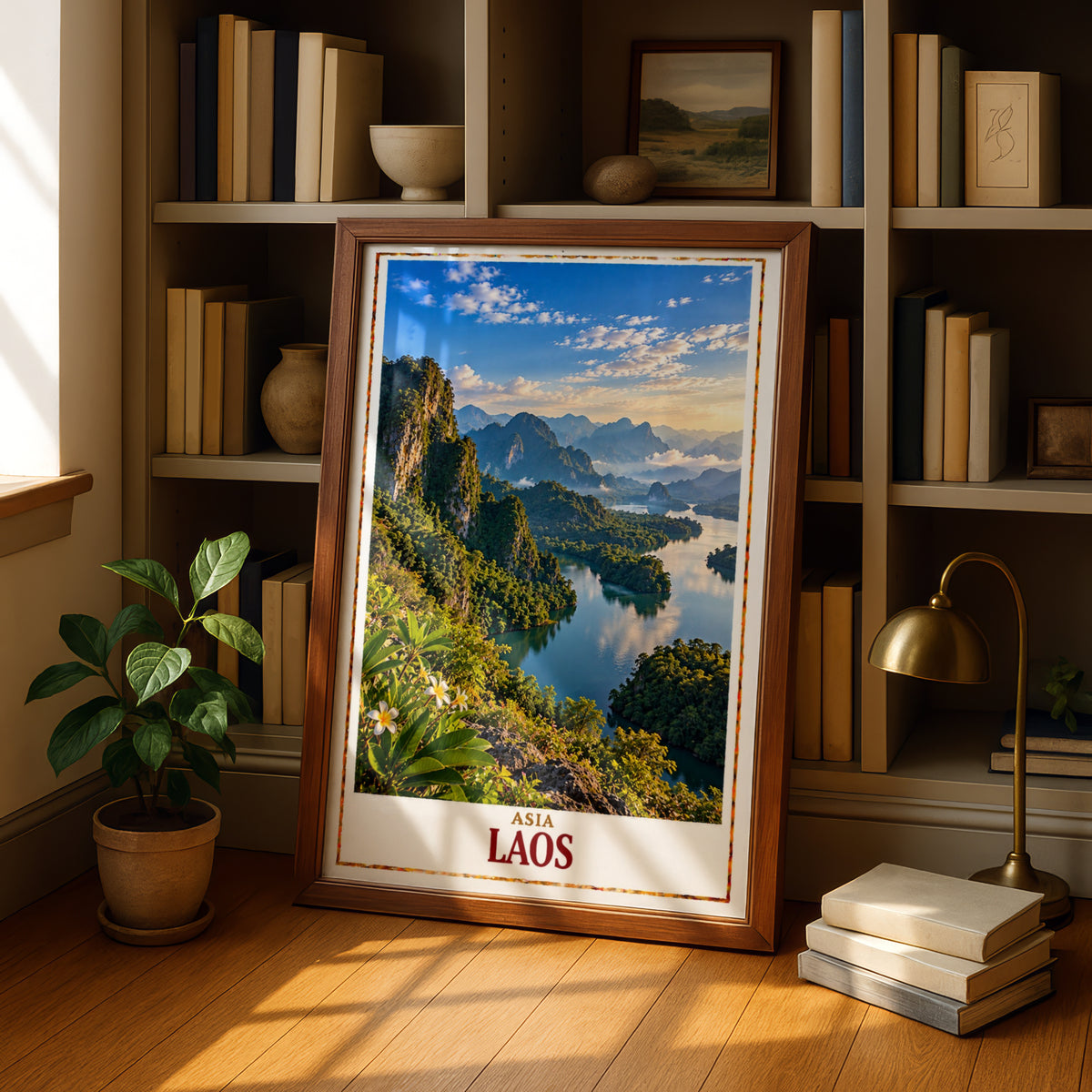 Laos Travel Poster, Southeast Asia Landscape Print, Mekong River Wall Art, Karst Mountains, Tropical Nature Decor, Living Room Poster