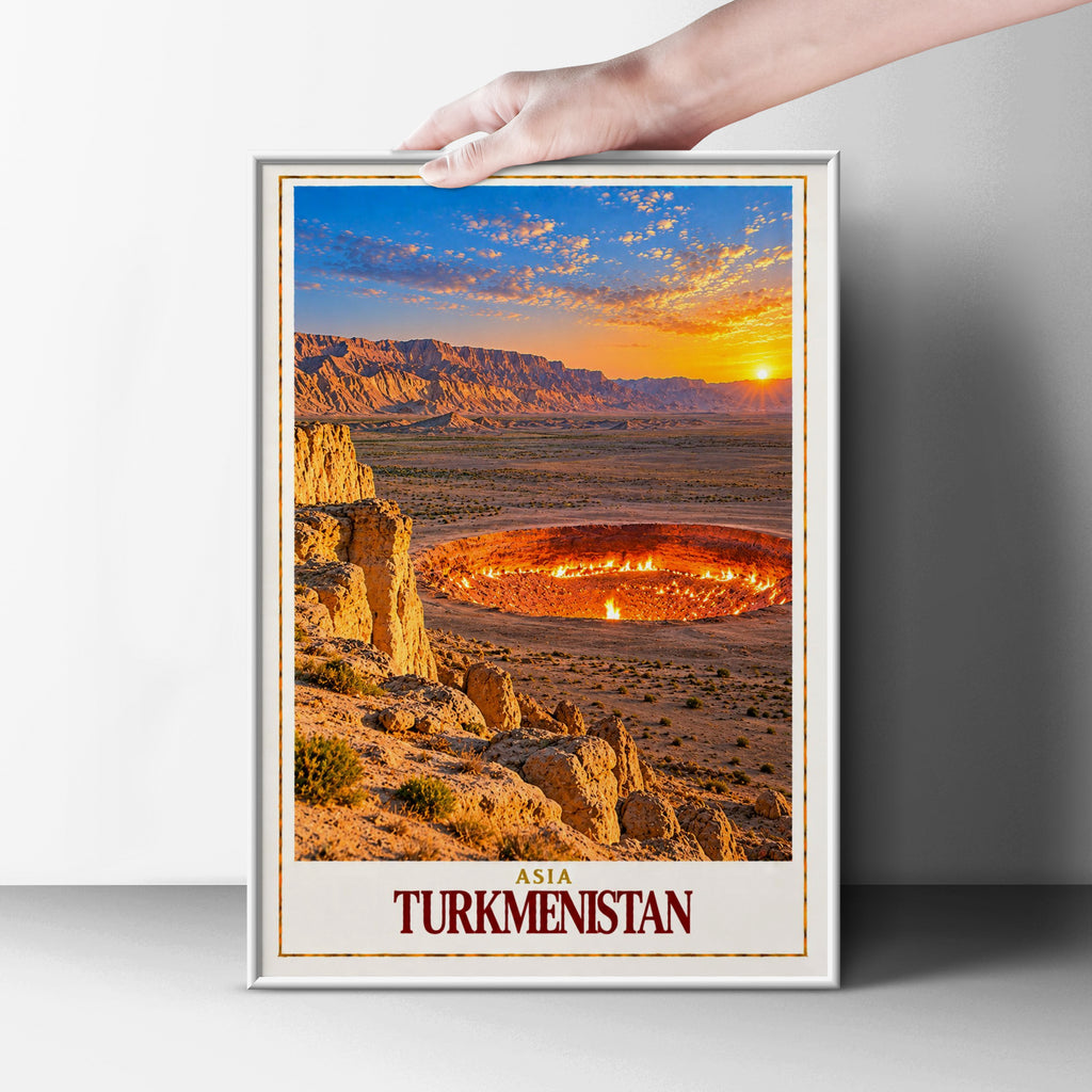 Turkmenistan Travel Poster, Door to Hell Darvaza Crater Wall Art, Central Asia Desert Landscape Print, Fiery Sunset Adventure Home Decor