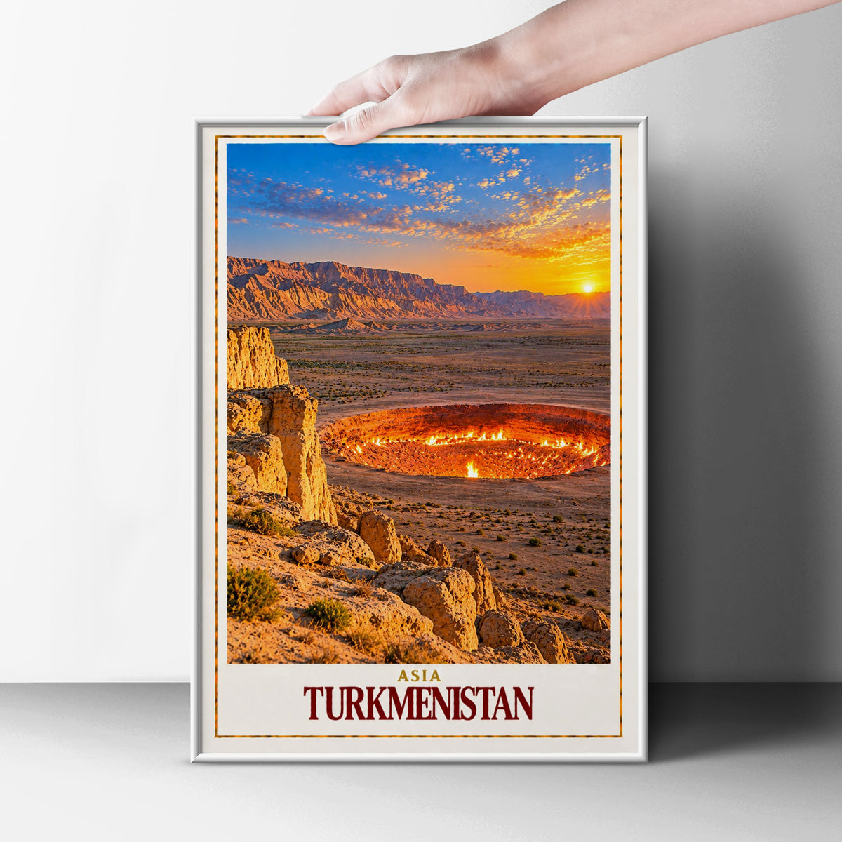 Turkmenistan Travel Poster, Door to Hell Darvaza Crater Wall Art, Central Asia Desert Landscape Print, Fiery Sunset Adventure Home Decor