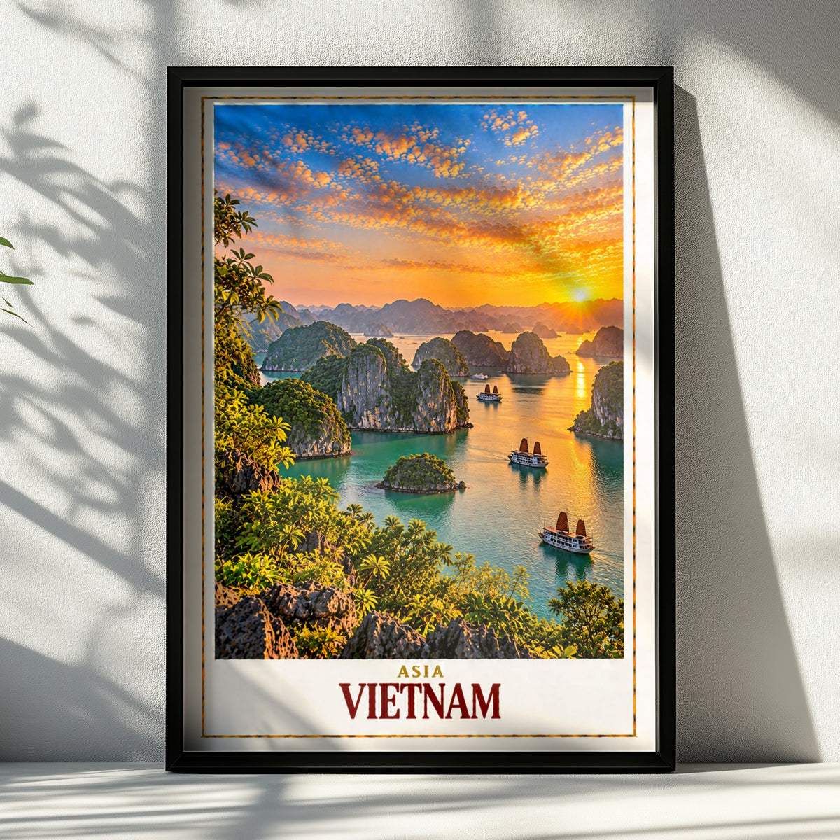 Vietnam Travel Poster, Ha Long Bay Sunset Print, Junk Boat Wall Art, Teal Water Karst Landscape, Asian Travel Gift, Living Room Decor