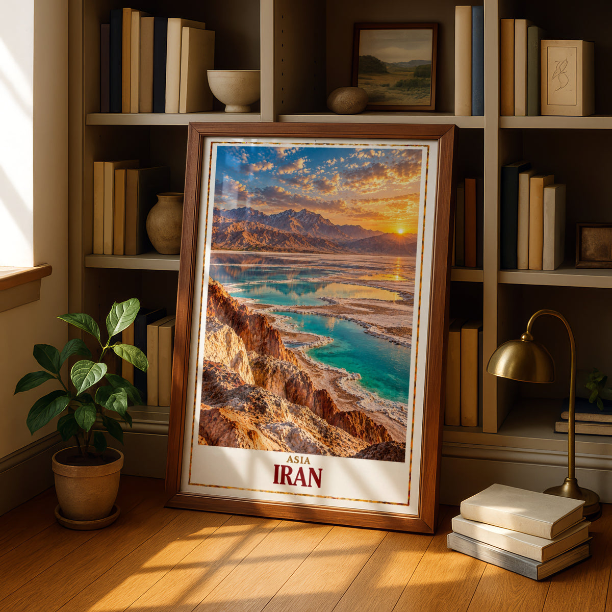Iran Travel Poster, Salt Lake Sunset Landscape Print, Middle East Wall Art, Persian Nature Decor, Turquoise Desert Scenery, Asia Poster