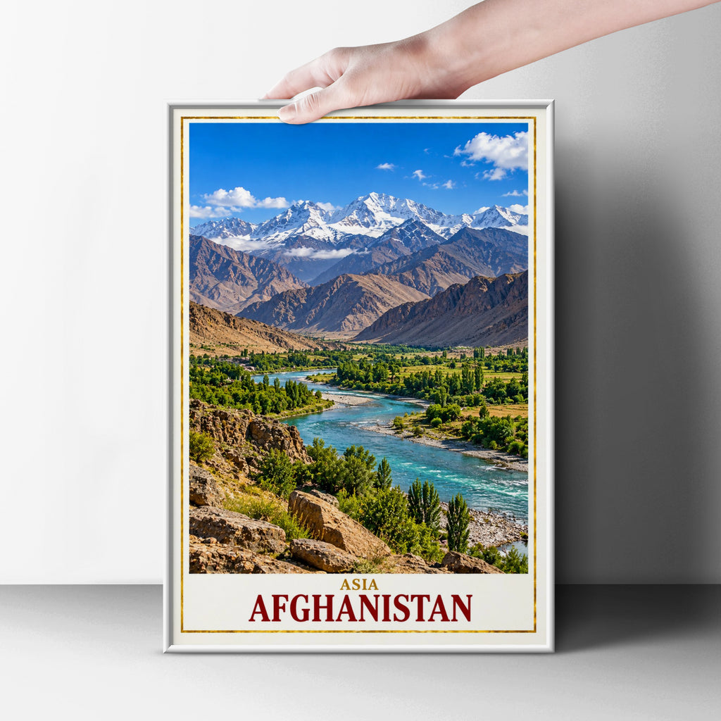 Afghanistan Travel Poster, Hindu Kush Mountain River Valley Wall Art, Central Asia Landscape Print, Adventure Home Decor, Living Room Art