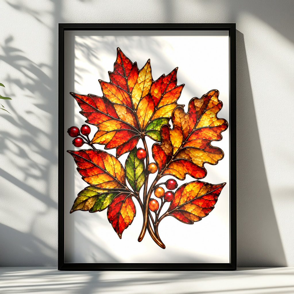 Autumn Leaves Stained Glass Style Poster, Fall Botanical Wall Art, Red Orange Gold Leaf Print, Seasonal Nature Decor, Living Room Art