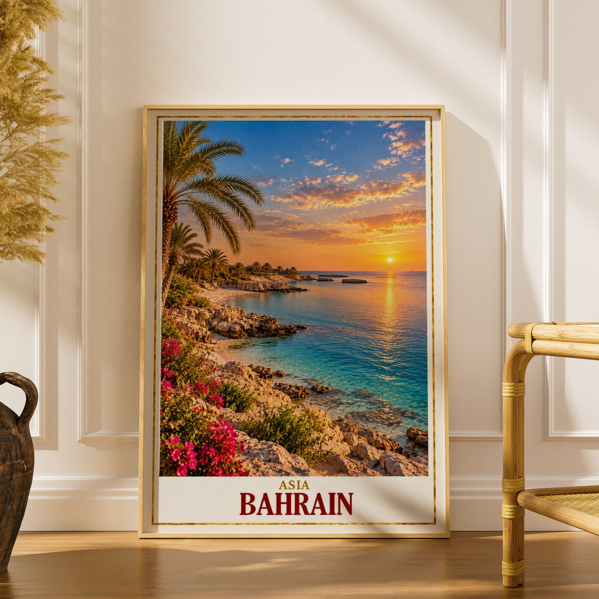 Bahrain Travel Poster, Middle East Coastal Sunset Wall Art, Persian Gulf Palm Tree Print, Tropical Beach Decor, Asia Travel Gift