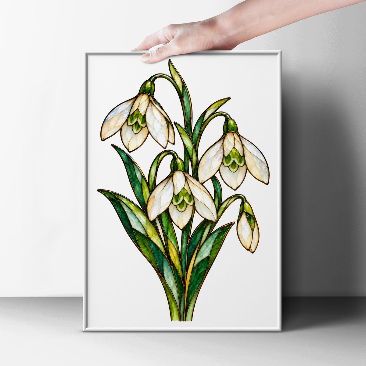 Snowdrop Flower Stained Glass Style Poster, Botanical Wall Art, Spring Floral Print, Green White Galanthus Art Nouveau Home Decor Gift