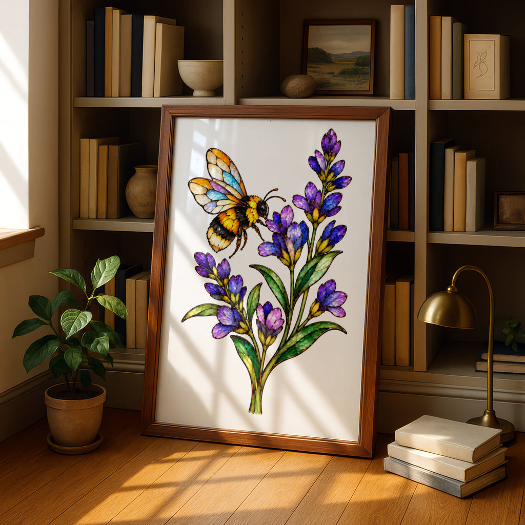 Bumblebee and Lavender Poster, Stained Glass Style Bee Wall Art, Purple Floral Print, Botanical Bee Art, Nature Lover Gift, Kitchen Decor