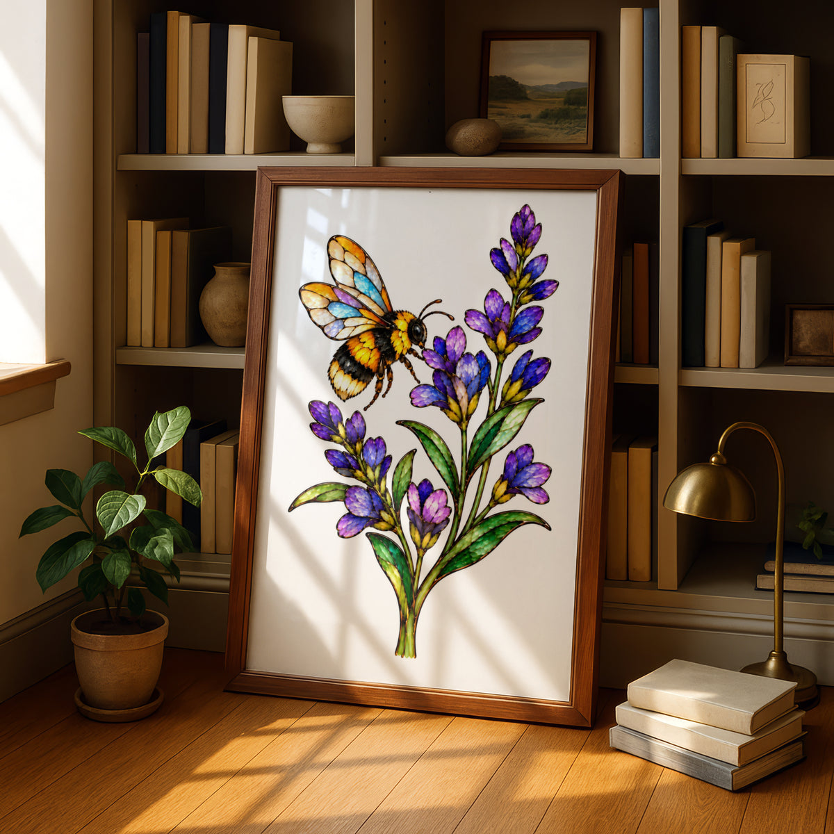 Bumblebee and Lavender Poster, Stained Glass Style Bee Wall Art, Purple Floral Print, Botanical Bee Art, Nature Lover Gift, Kitchen Decor