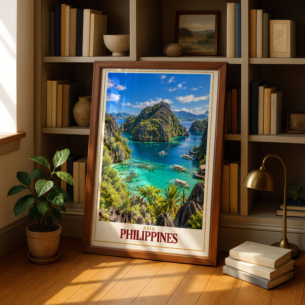 Philippines Travel Poster, Coron Palawan Lagoon Wall Art, Turquoise Sea Print, Tropical Island Decor, Southeast Asia Gift for Travellers