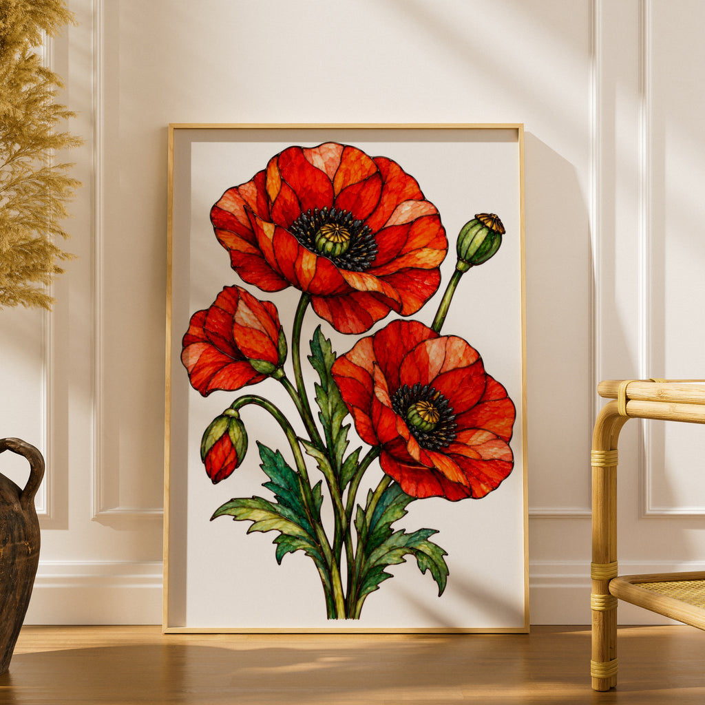 Red Poppy Flower Poster, Stained Glass Style Botanical Wall Art, Floral Print, Remembrance Poppy Home Decor, Living Room Art Gift