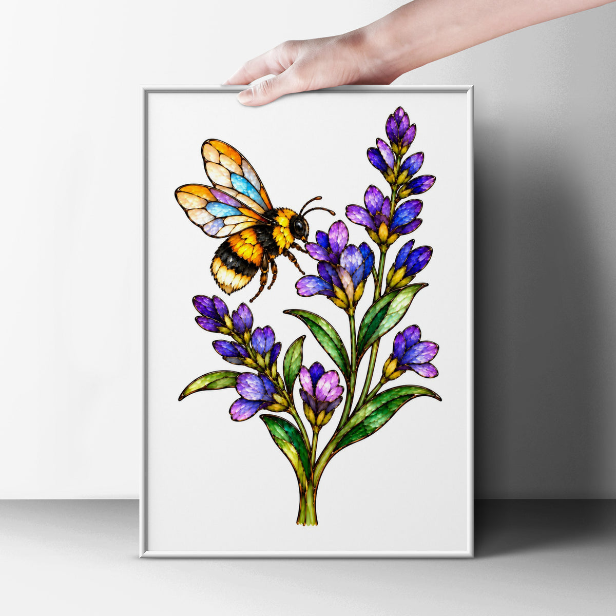 Bumblebee and Lavender Poster, Stained Glass Style Bee Wall Art, Purple Floral Print, Botanical Bee Art, Nature Lover Gift, Kitchen Decor