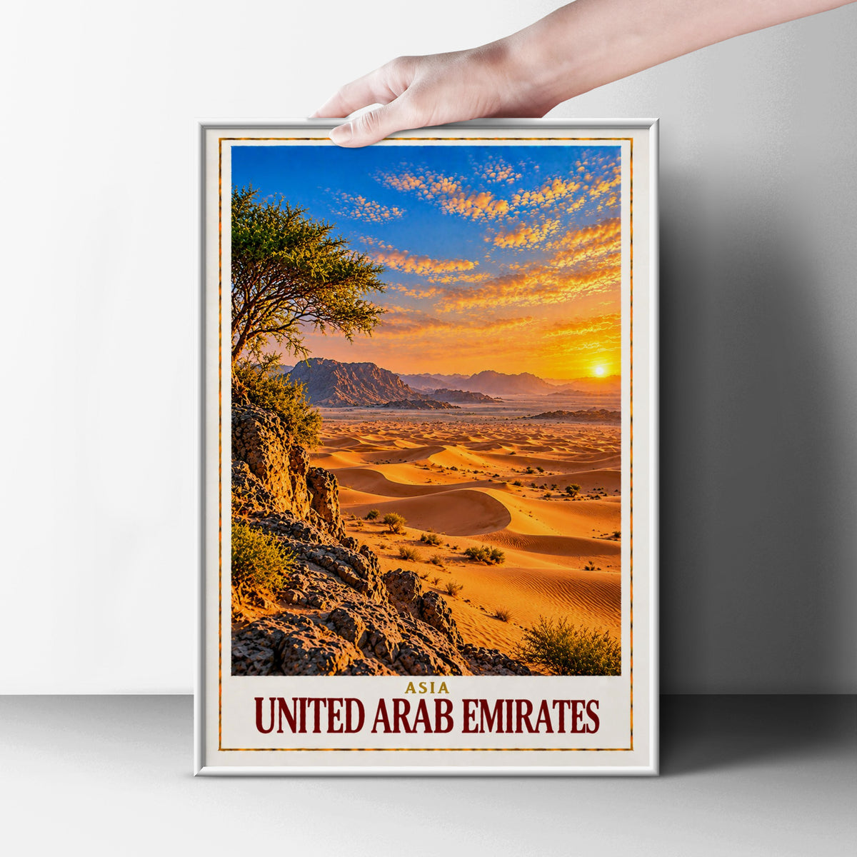 United Arab Emirates Travel Poster, UAE Desert Sunset Wall Art, Sand Dunes Print, Middle East Landscape, Dubai Abu Dhabi Decor Gift