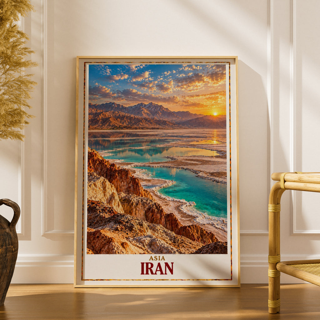 Iran Travel Poster, Salt Lake Sunset Landscape Print, Middle East Wall Art, Persian Nature Decor, Turquoise Desert Scenery, Asia Poster