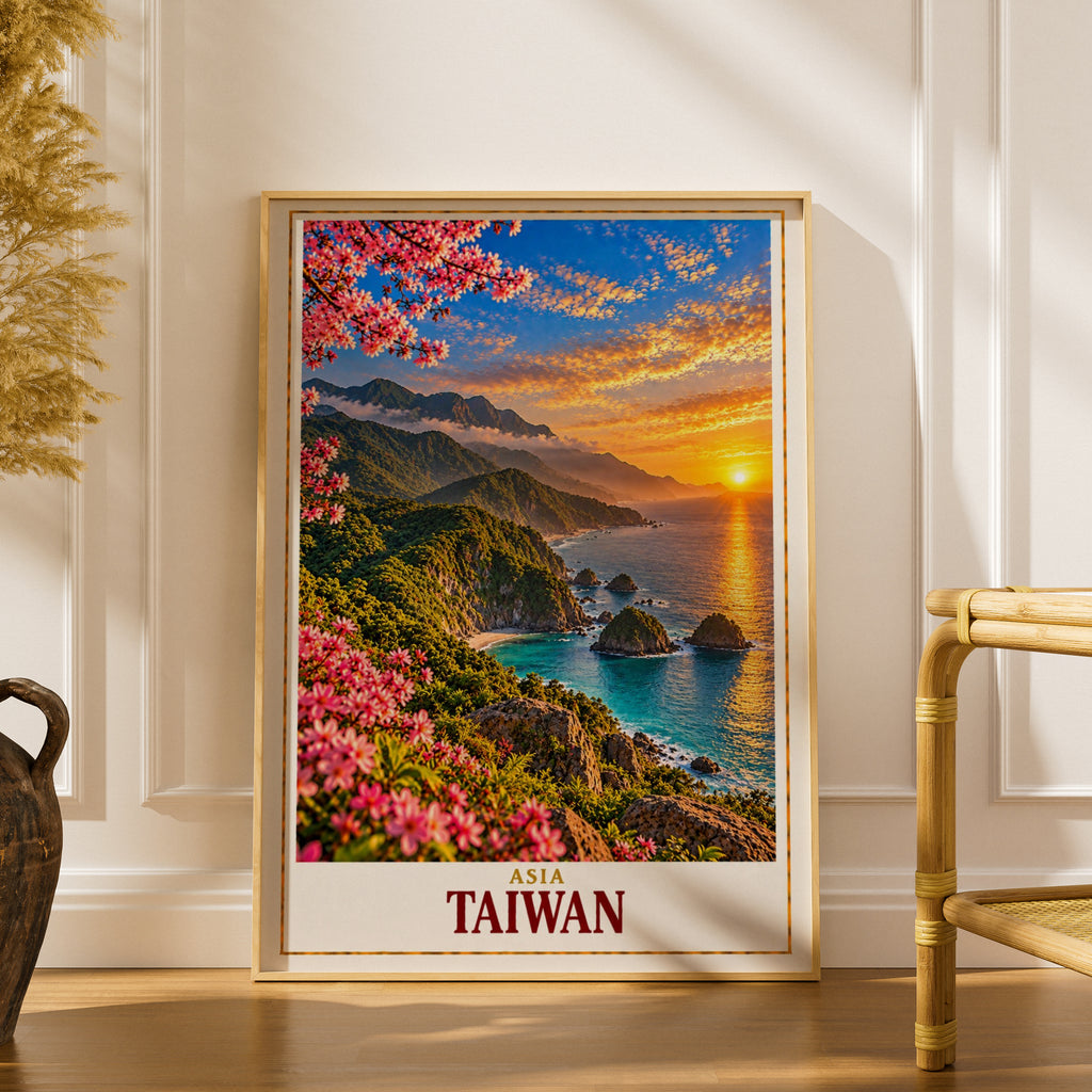 Taiwan Travel Poster, Asia Coastal Sunset Wall Art, Cherry Blossom Mountain Landscape Print, Turquoise Sea Cliffs Home Decor Gift
