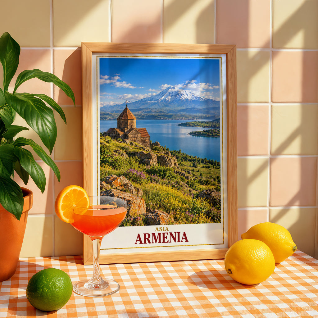 Armenia Travel Poster, Lake Sevan Church Wall Art, Mount Ararat Print, Caucasus Landscape, Yerevan Gift, Vintage Style Travel Art Poster
