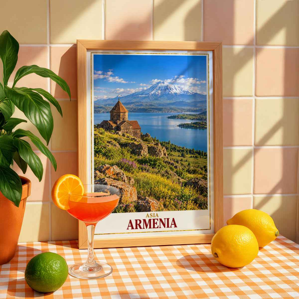 Armenia Travel Poster, Lake Sevan Church Wall Art, Mount Ararat Print, Caucasus Landscape, Yerevan Gift, Vintage Style Travel Art Poster