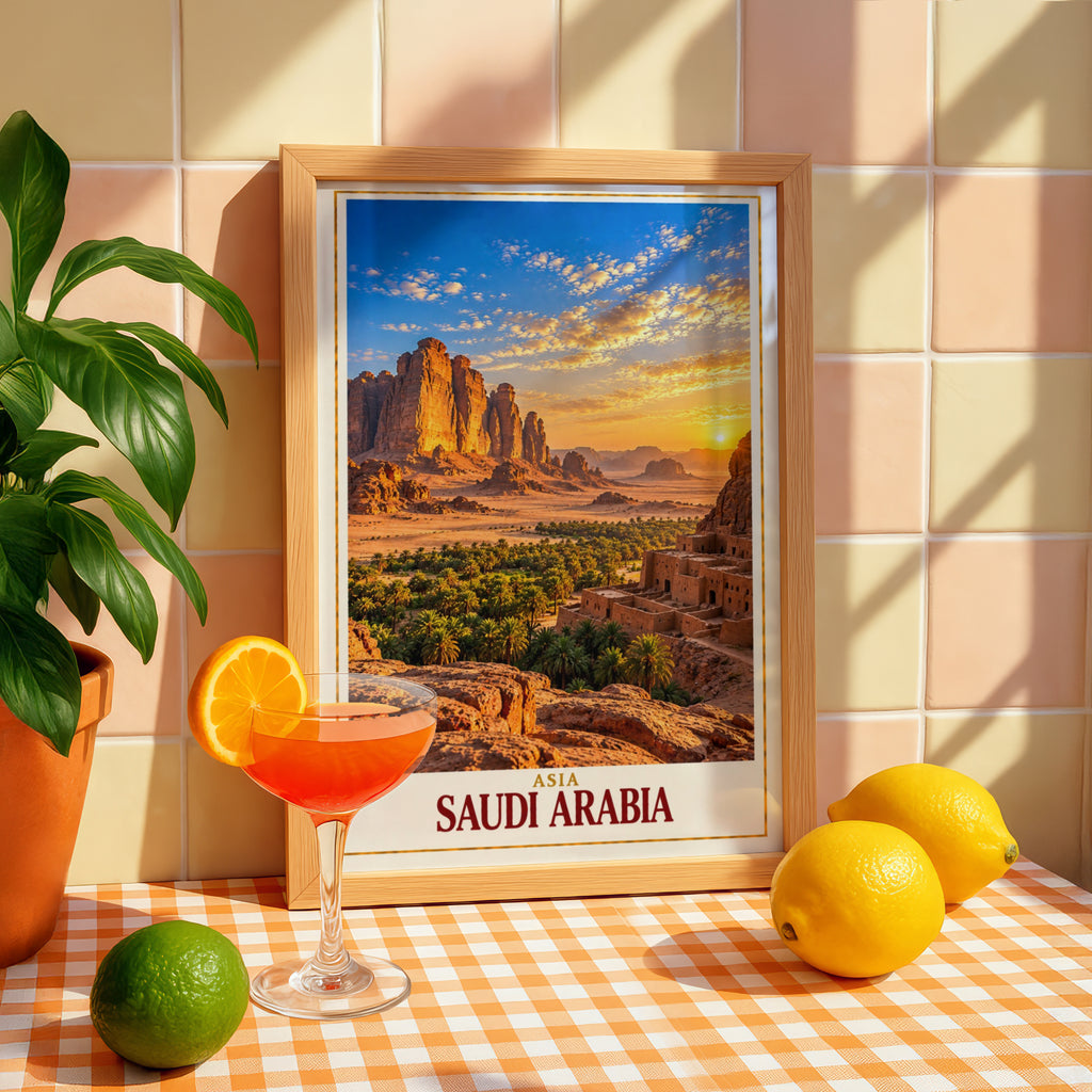 Saudi Arabia Travel Poster, AlUla Desert Landscape Wall Art, Middle East Sunset Print, Arabian Rock Formation, Ancient Ruins Home Decor