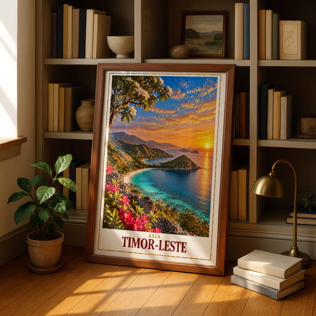 Timor-Leste Travel Poster, East Timor Coastal Sunset Wall Art, Tropical Island Beach Print, Southeast Asia Home Decor, Frangipani Artwork