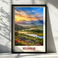Myanmar Travel Poster, Asia Landscape Wall Art, Sunset River Valley Print, Southeast Asia Home Decor, Burma Mountain Scenery Poster