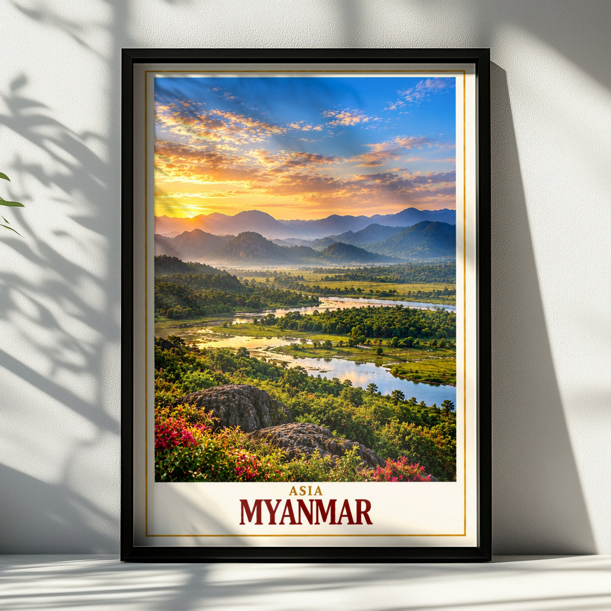 Myanmar Travel Poster, Asia Landscape Wall Art, Sunset River Valley Print, Southeast Asia Home Decor, Burma Mountain Scenery Poster