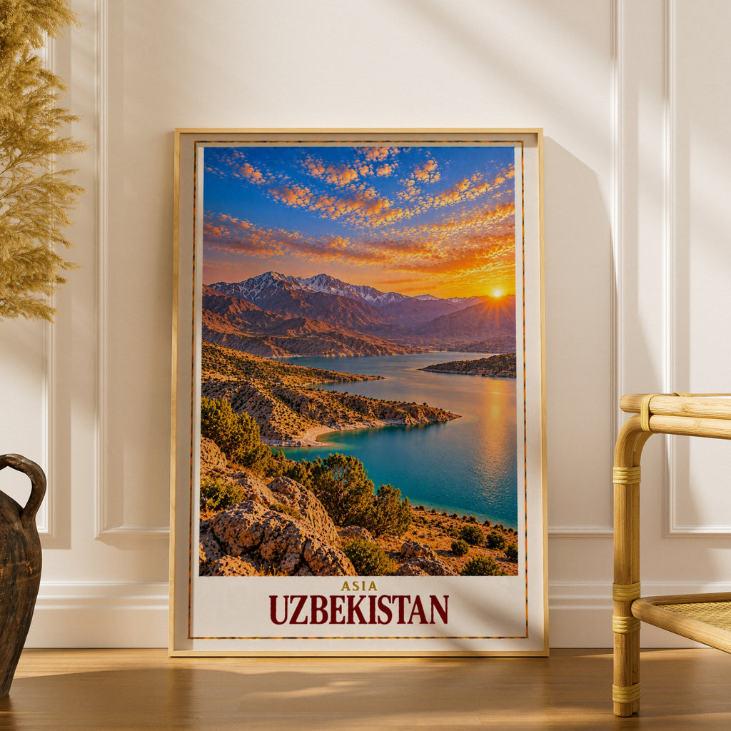 Uzbekistan Travel Poster, Central Asia Mountain Lake Sunset Wall Art, Silk Road Landscape Print, Adventure Home Decor Gift for Travellers
