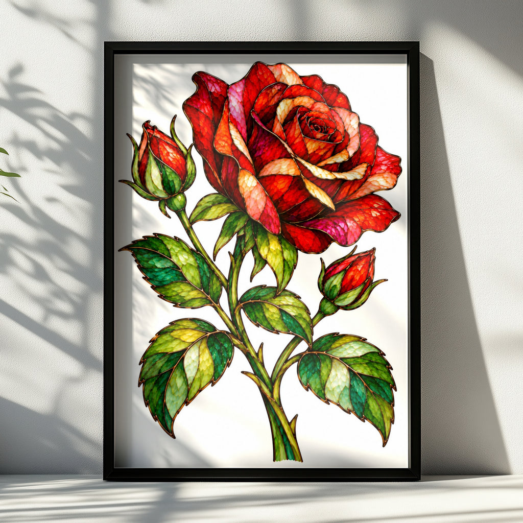 Stained Glass Red Rose Poster, Botanical Floral Wall Art, Rose Bud Print, Living Room Bedroom Decor, Vibrant Flower Illustration Poster