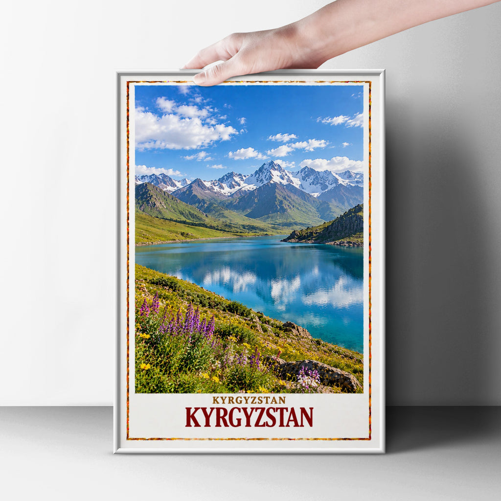 Kyrgyzstan Travel Poster, Central Asia Mountain Lake Wall Art, Tian Shan Snow Peaks Print, Alpine Wildflowers, Adventure Travel Gift