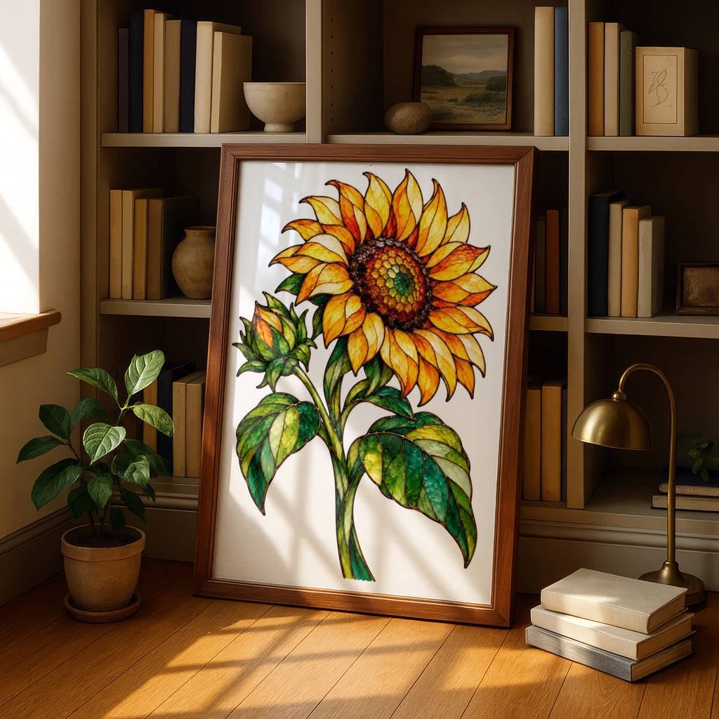 Stained Glass Sunflower Poster, Botanical Floral Wall Art, Yellow Orange Green Home Decor, Kitchen Living Room Print, Nature Flower Artwork