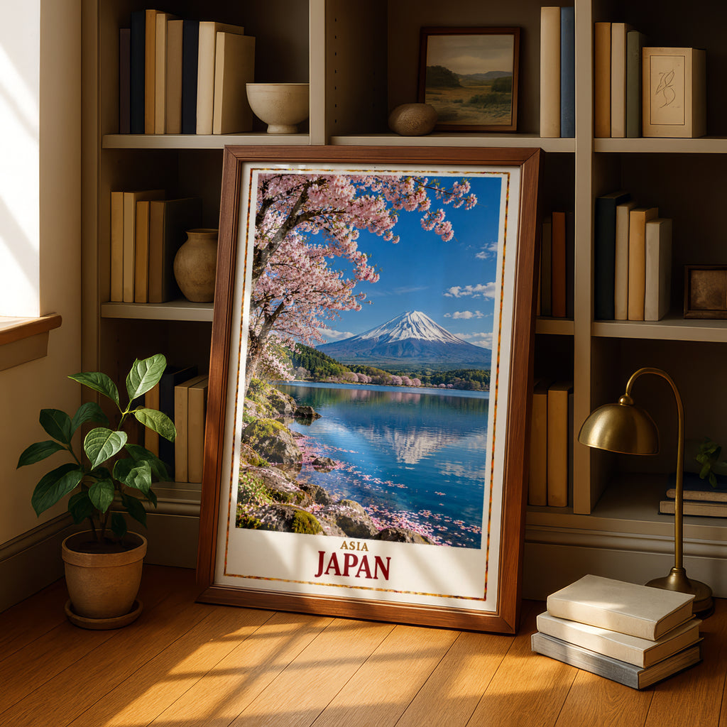 Japan Travel Poster, Mount Fuji Cherry Blossom Print, Japanese Wall Art, Sakura Lake Reflection, Asia Landscape Poster, Living Room Decor