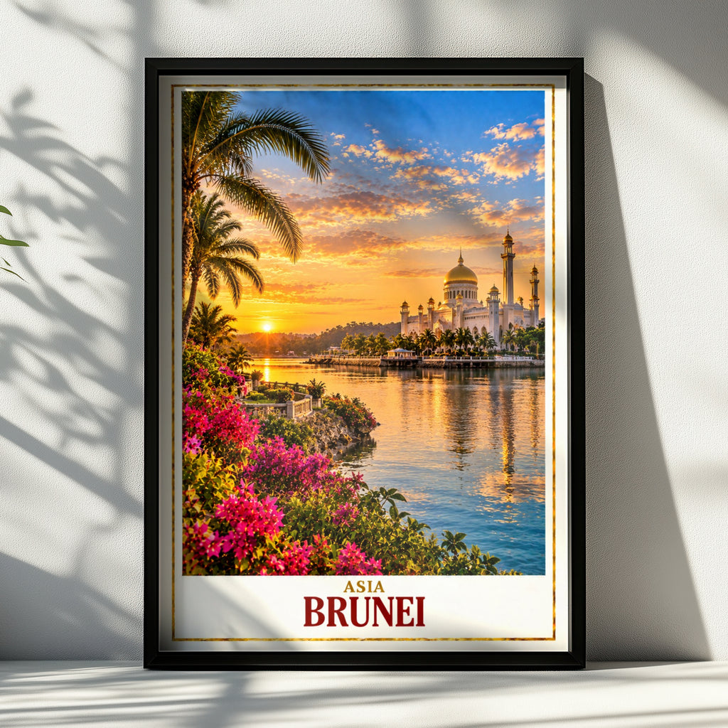 Brunei Travel Poster, Omar Ali Saifuddien Mosque Wall Art, Southeast Asia Sunset Print, Bandar Seri Begawan Decor, Golden Dome Mosque Poster