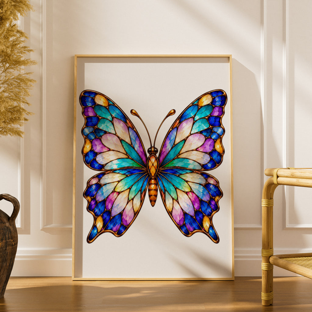 Stained Glass Butterfly Poster, Colourful Butterfly Wall Art, Blue Purple Gold Wings Print, Boho Bedroom Decor, Nature Lover Gift Poster