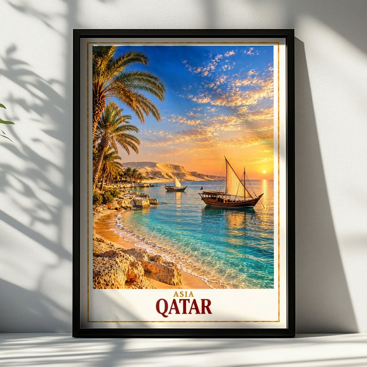 Qatar Travel Poster, Arabian Gulf Dhow Sunset Wall Art, Middle East Beach Print, Palm Tree Coastal Decor, Doha Gift Poster