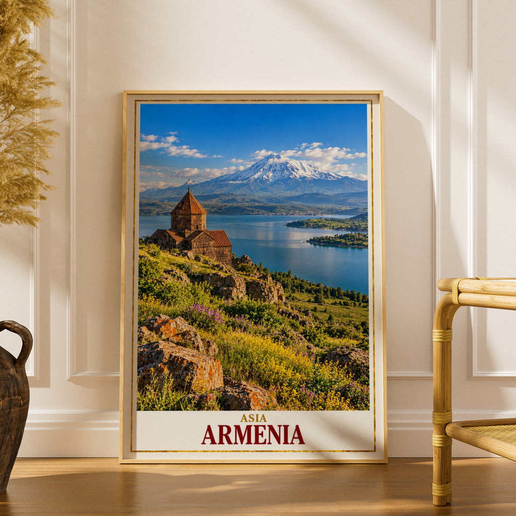 Armenia Travel Poster, Lake Sevan Church Wall Art, Mount Ararat Print, Caucasus Landscape, Yerevan Gift, Vintage Style Travel Art Poster