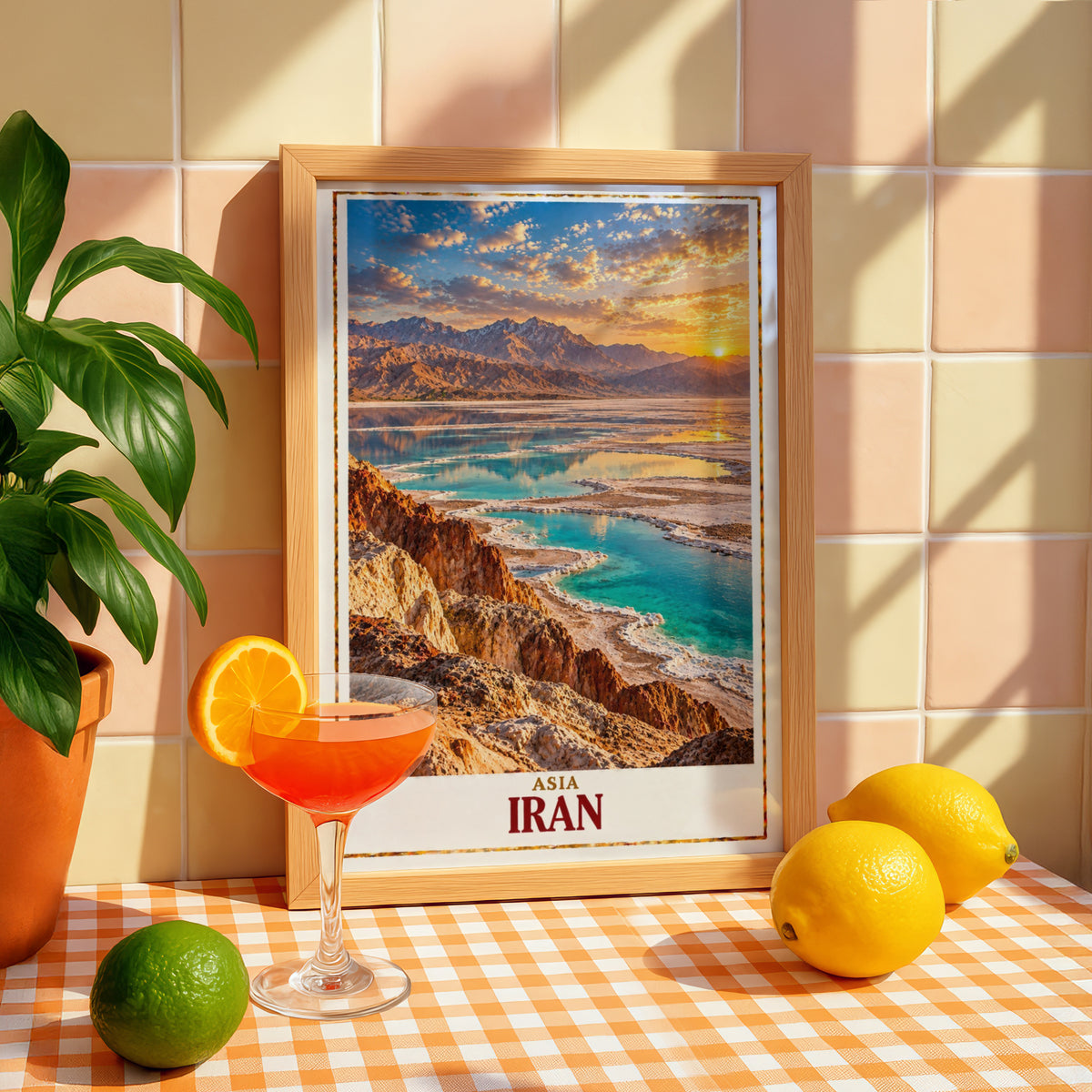 Iran Travel Poster, Salt Lake Sunset Landscape Print, Middle East Wall Art, Persian Nature Decor, Turquoise Desert Scenery, Asia Poster