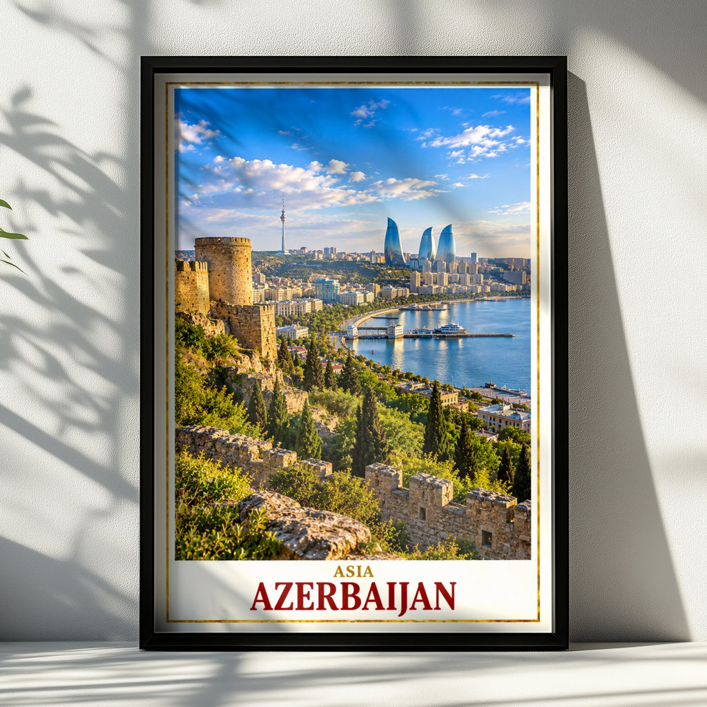 Azerbaijan Travel Poster, Baku Skyline Wall Art, Flame Towers Print, Caspian Sea City View, Caucasus Home Decor, Asia Travel Gift Poster