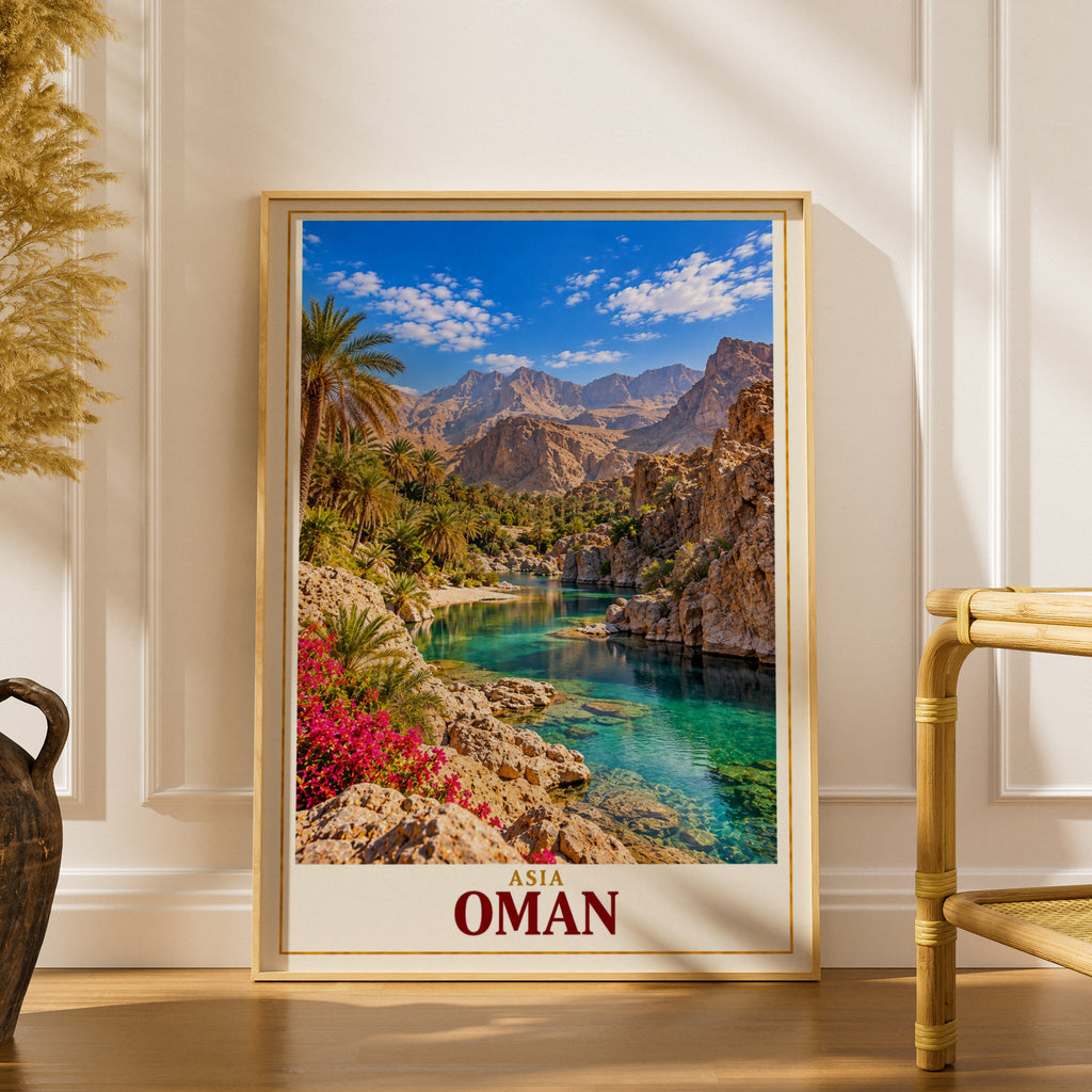 Oman Travel Poster, Wadi Oasis Wall Art, Middle East Landscape Print, Turquoise Water Palm Trees, Living Room Bedroom Decor Gift