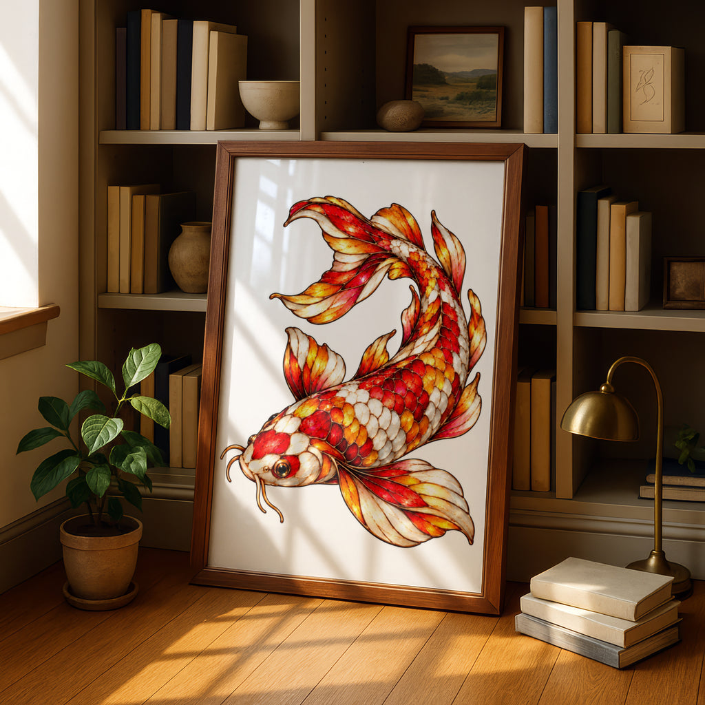 Koi Fish Poster, Red Gold Japanese Carp Wall Art, Ornate Koi Print, Asian Luck Symbol, Feng Shui Decor, Maximalist Living Room Poster