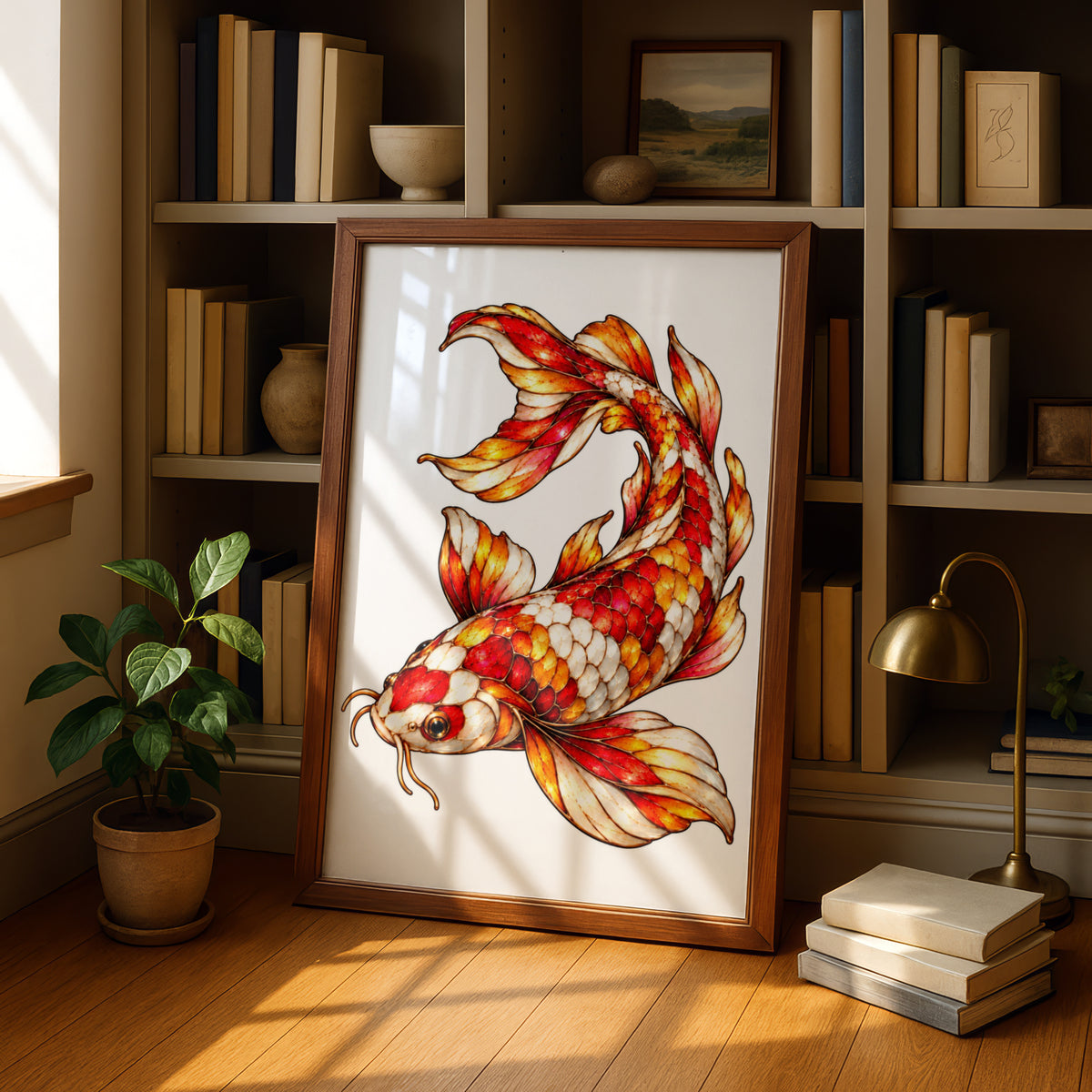 Koi Fish Poster, Red Gold Japanese Carp Wall Art, Ornate Koi Print, Asian Luck Symbol, Feng Shui Decor, Maximalist Living Room Poster