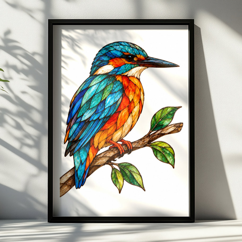 Stained Glass Kingfisher Poster, Colourful Bird Wall Art, Teal Orange Nature Print, Wildlife Decor, Bird Lover Gift, Botanical Branch Art