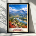 North Korea Travel Poster, Asian Mountain Landscape Wall Art, River Valley Print, Korea Scenic Nature Poster, Living Room Gallery Wall Decor