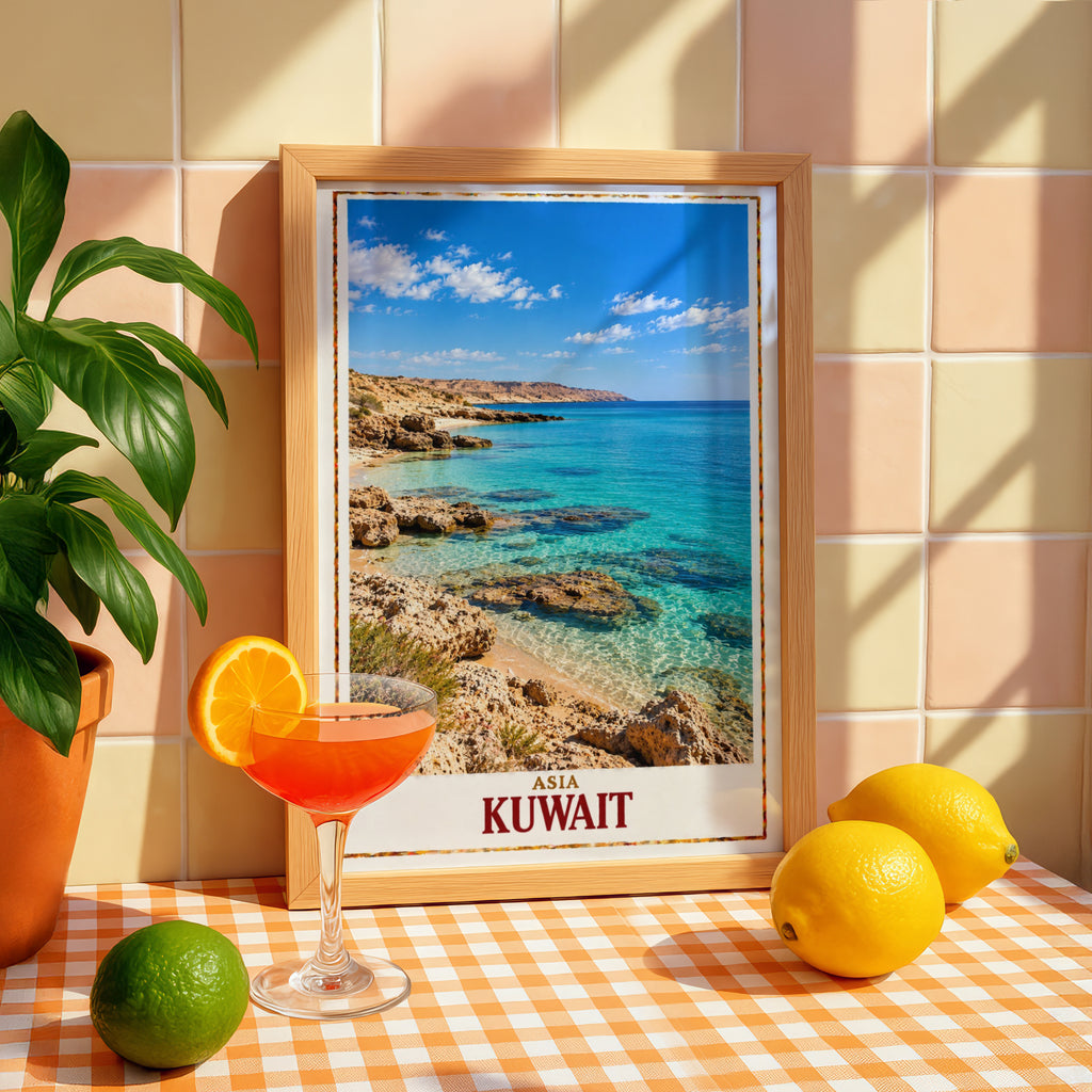 Kuwait Travel Poster, Middle East Coastal Wall Art, Turquoise Sea Print, Arabian Gulf Beach Decor, Asia Travel Gift, Rocky Shoreline Poster
