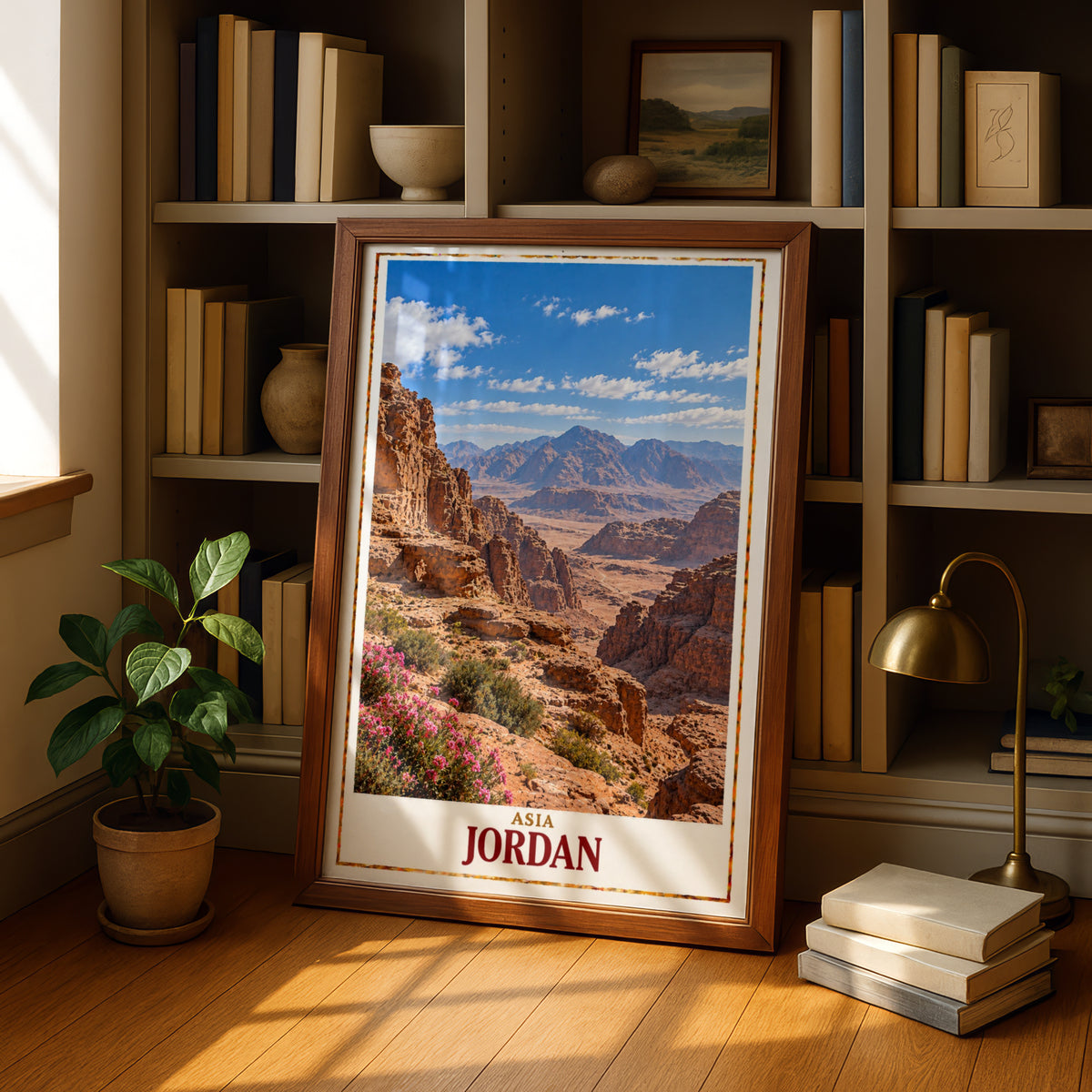 Jordan Travel Poster, Wadi Rum Desert Landscape Print, Middle East Wall Art, Red Rock Canyon, Adventure Travel Gift, Living Room Decor