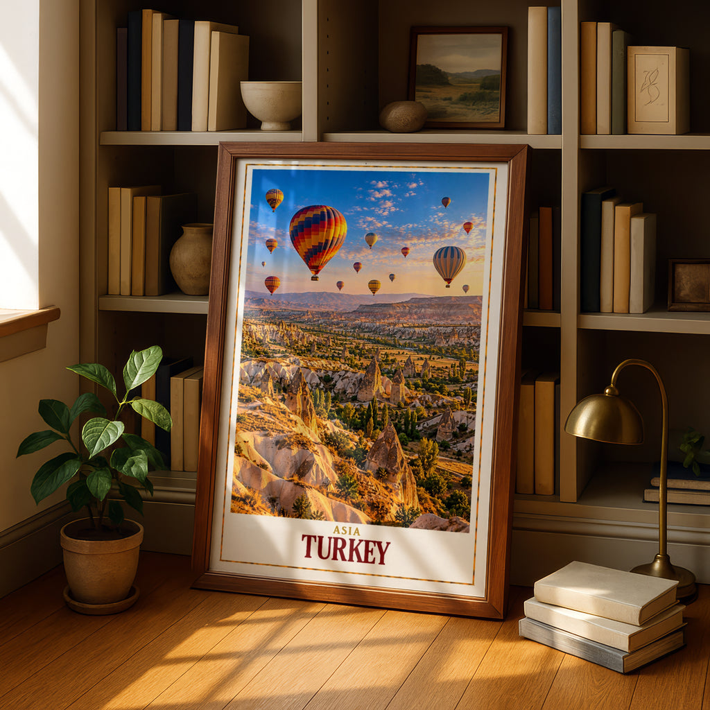 Turkey Travel Poster, Cappadocia Hot Air Balloon Print, Fairy Chimneys Wall Art, Turkish Landscape, Wanderlust Gift, Living Room Decor
