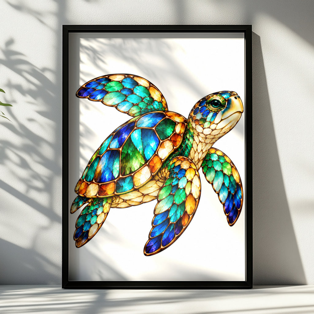 Stained Glass Sea Turtle Poster, Colourful Ocean Animal Wall Art, Teal Blue Green Gold Turtle Print, Coastal Nautical Home Decor Gift