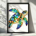 Stained Glass Sea Turtle Poster, Colourful Ocean Animal Wall Art, Teal Blue Green Gold Turtle Print, Coastal Nautical Home Decor Gift