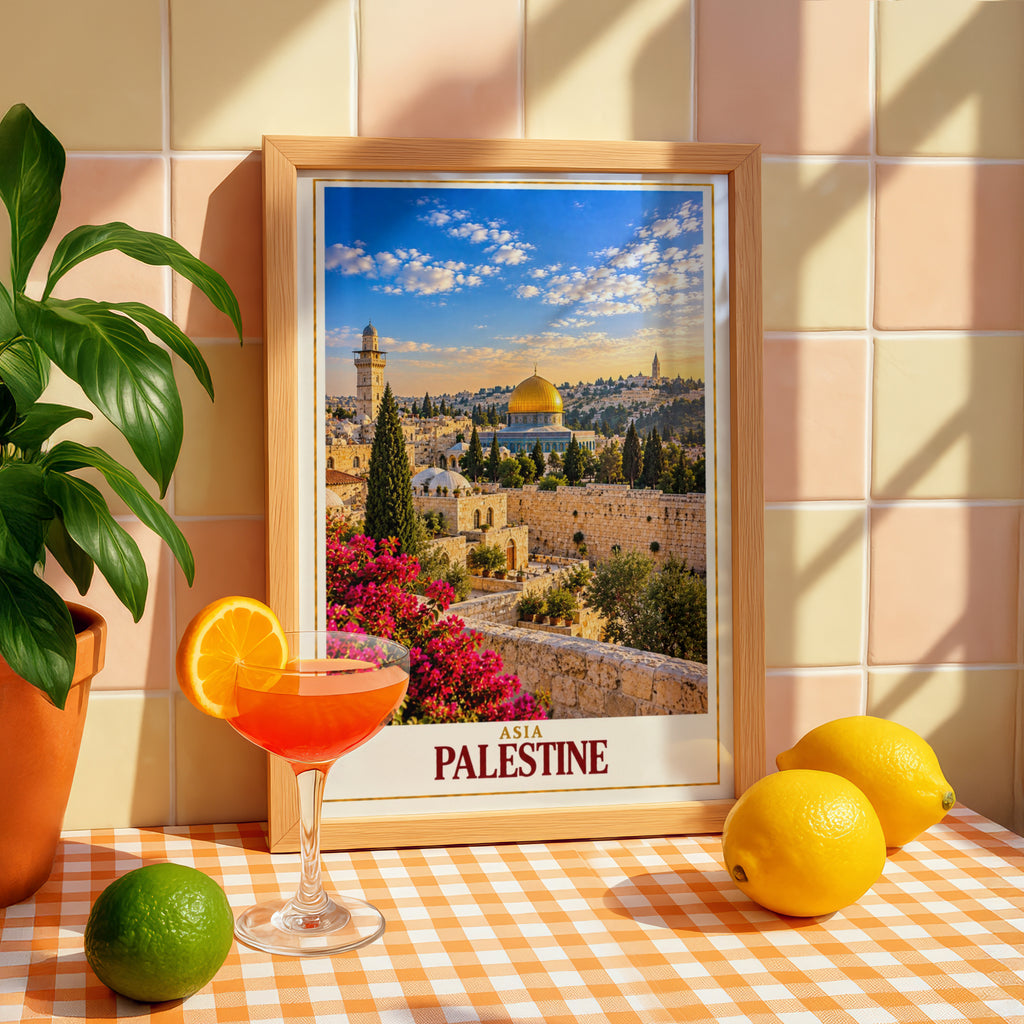 Palestine Travel Poster, Jerusalem Dome of the Rock Wall Art, Old City Print, Middle East Cityscape, Islamic Architecture Home Decor Gift