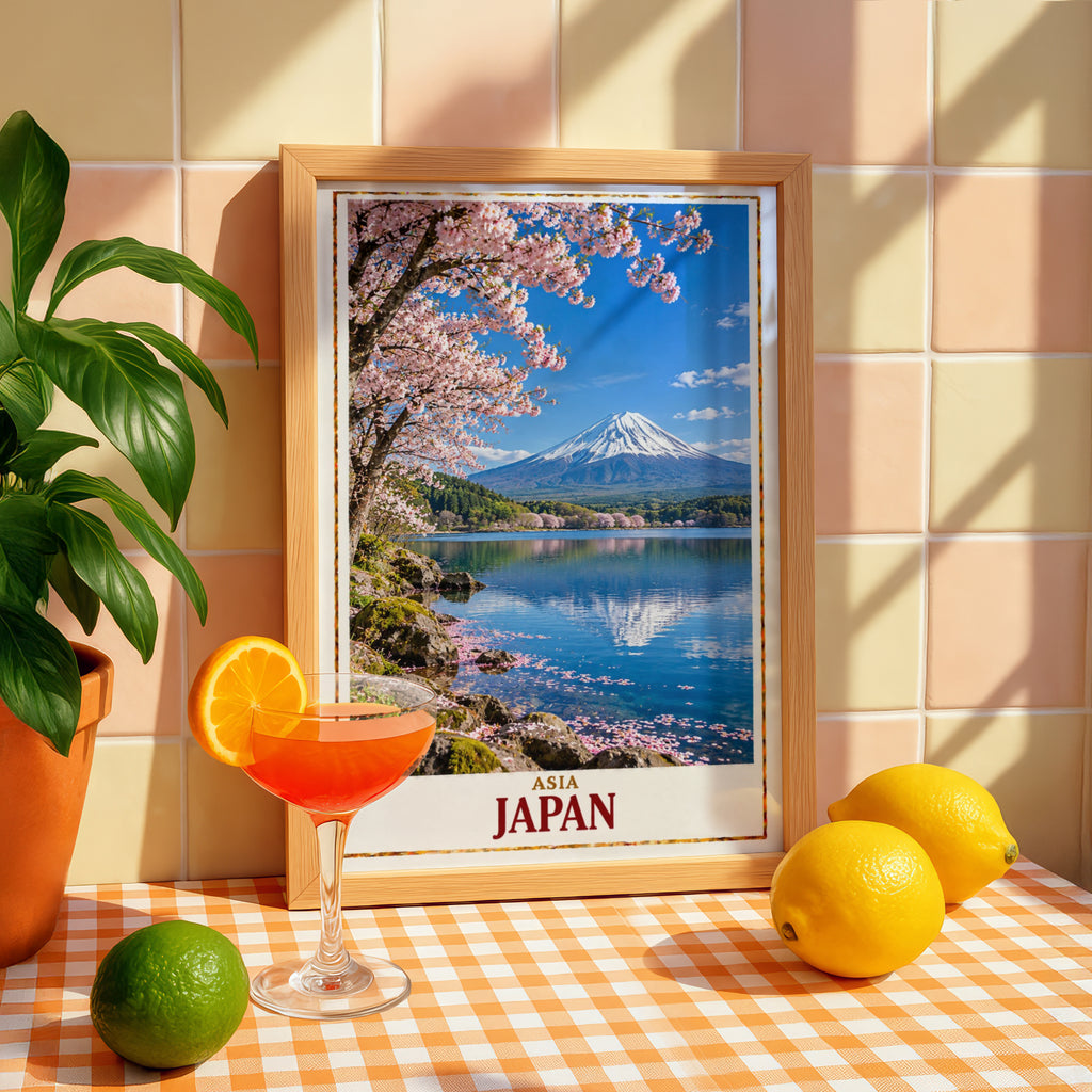 Japan Travel Poster, Mount Fuji Cherry Blossom Print, Japanese Wall Art, Sakura Lake Reflection, Asia Landscape Poster, Living Room Decor